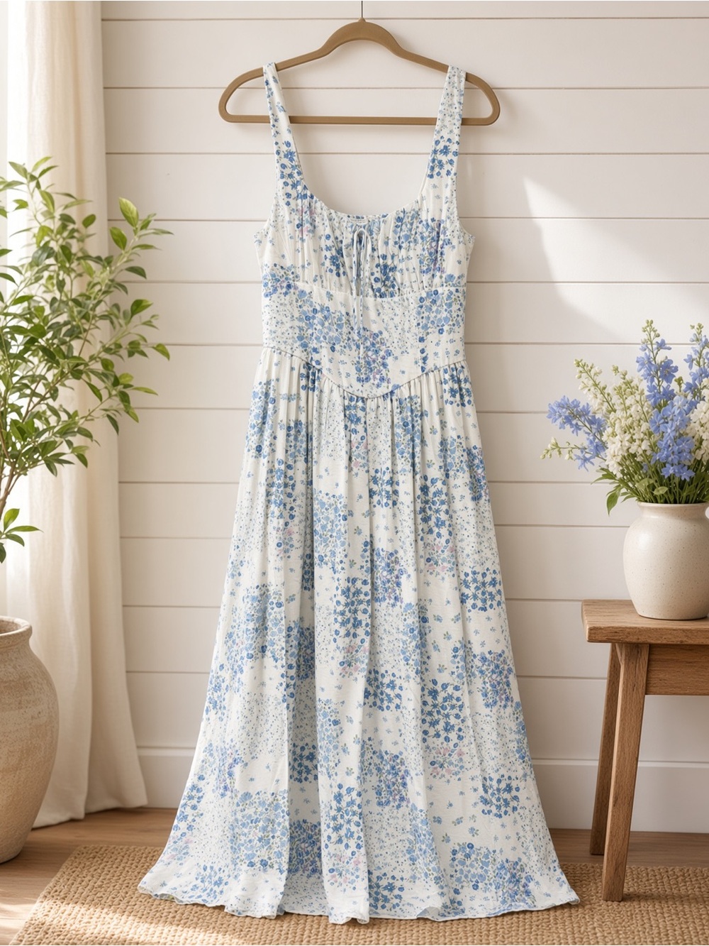 Floral Sleeveless Corset Front Tie Midi Dress